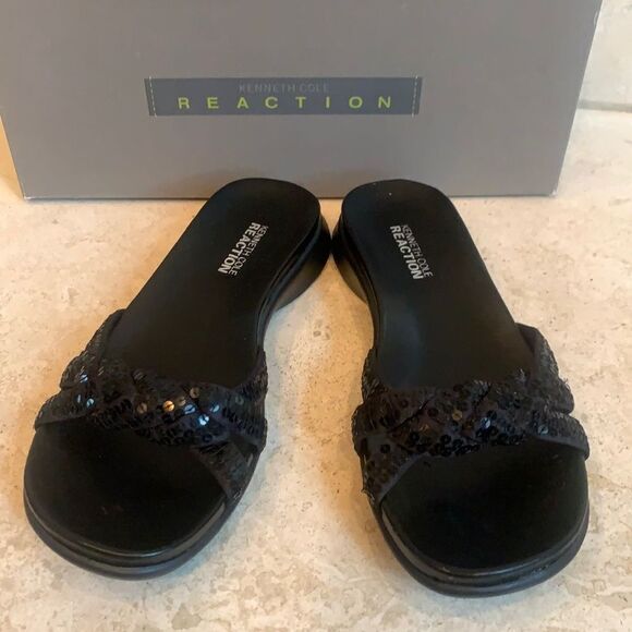 Kenneth Cole Reaction Glamster black sequin braided strap sandals. New in box. 6 - Picture 1 of 5